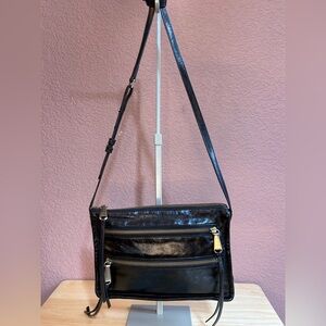 HOBO Black Glazed Leather Crossbody Bag | Slim Zip Pocket Shoulder Purse